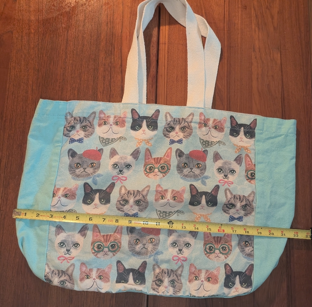 Cat Print Tote Bag with Blue Accents